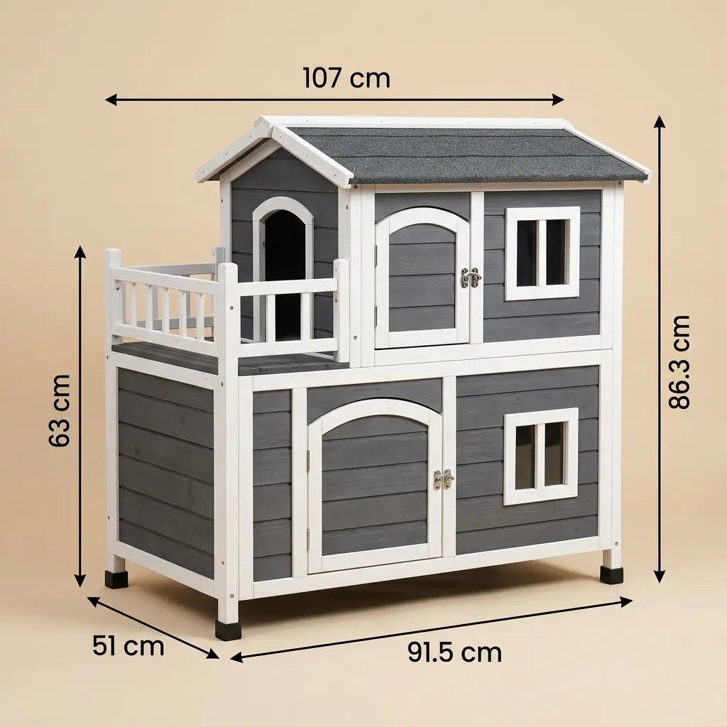 Niche chat extérieur double étage en bois avec plusieurs espaces de repos et accès sécurisé pour le chat.