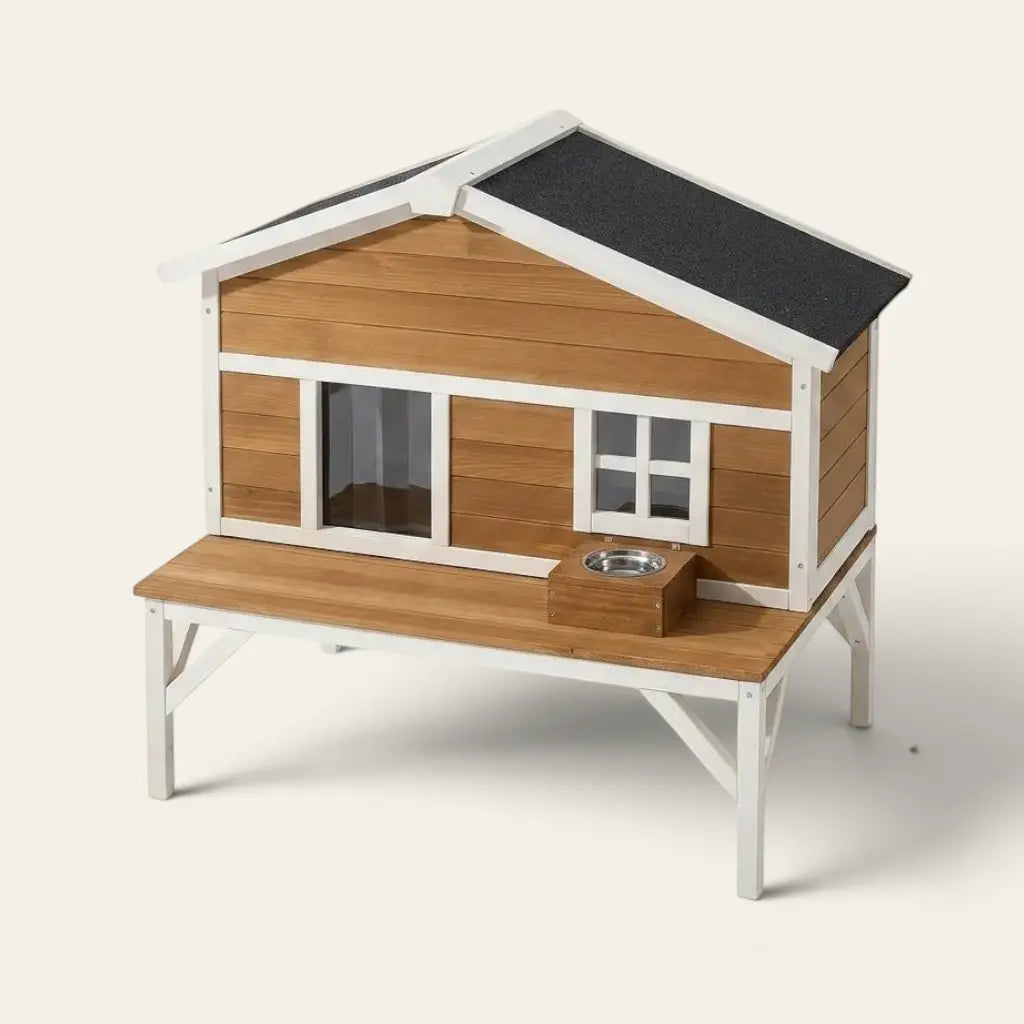 Niche extérieure en bois pour chat avec véranda spacieuse, espace repas intégré, toit imperméable et plateforme surélevée pour offrir sécurité et confort au quotidien.
