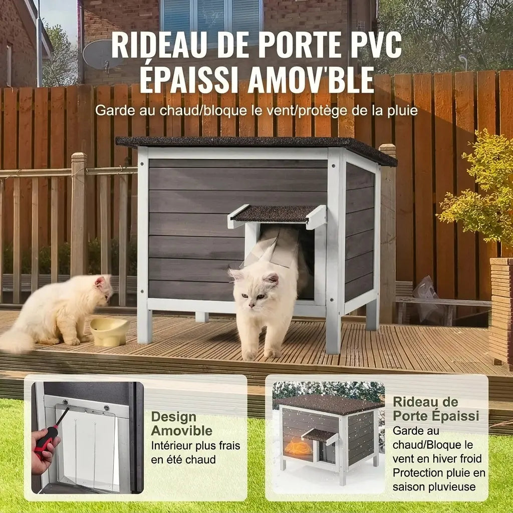 Niche chat extérieur avec rideau PVC épais amovible pour protéger du froid, du vent et de la pluie.