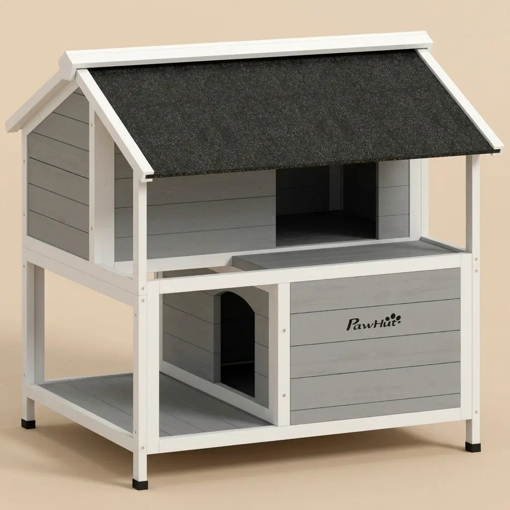 Niche pour chat extérieur en bois gris avec espace à deux niveaux pour un environnement confortable et harmonieux.