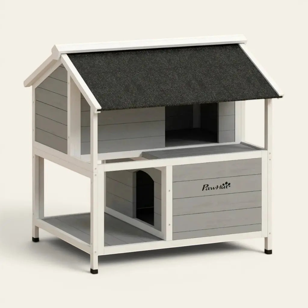 Niche pour chat extérieur en bois gris avec espace à deux niveaux pour un environnement confortable et harmonieux.