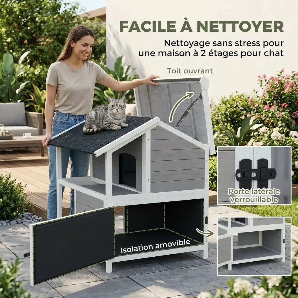 Niche pour chat extérieur en bois avec toit ouvrant et isolation amovible pour un entretien pratique au quotidien.