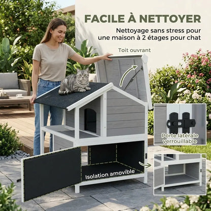 Niche pour chat extérieur en bois avec toit ouvrant et isolation amovible pour un entretien pratique au quotidien.