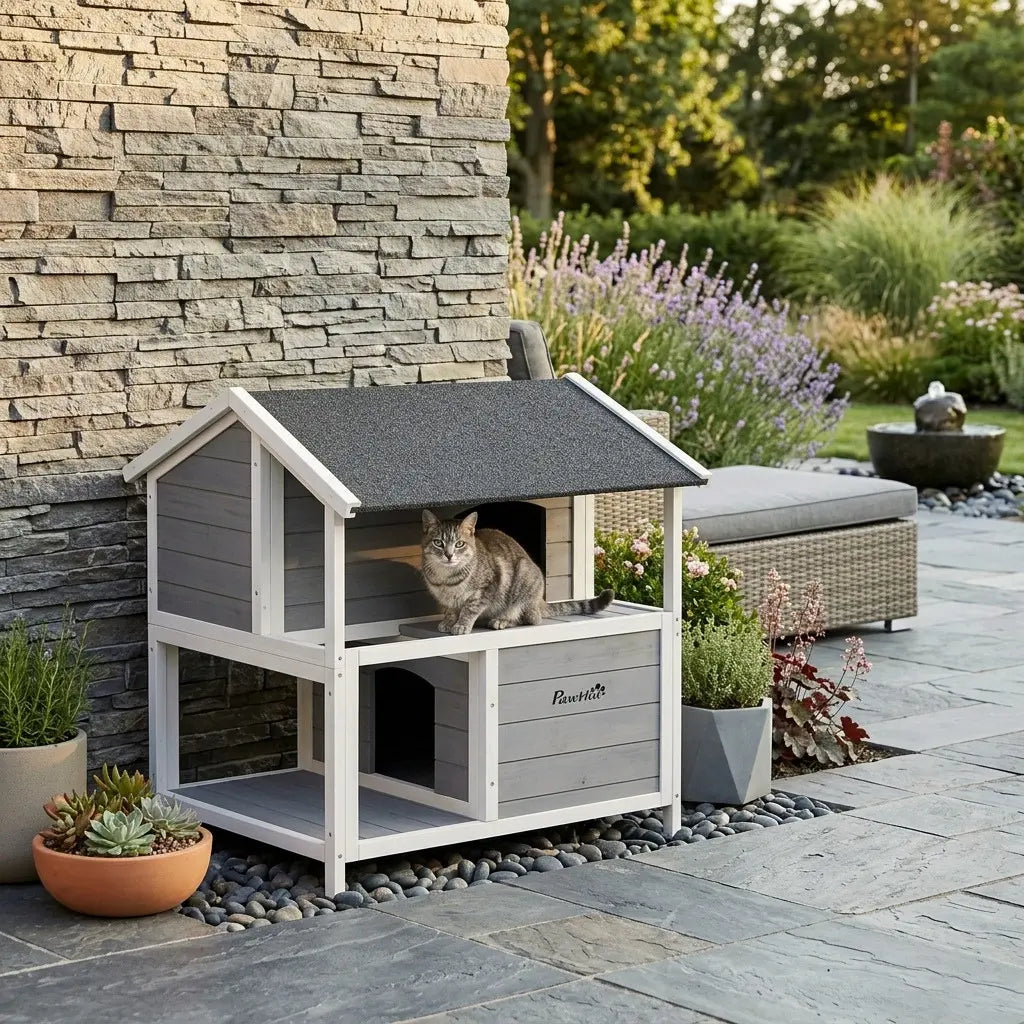 Niche pour chat extérieur en bois installée sur une terrasse élégante pour offrir confort et protection au chat.