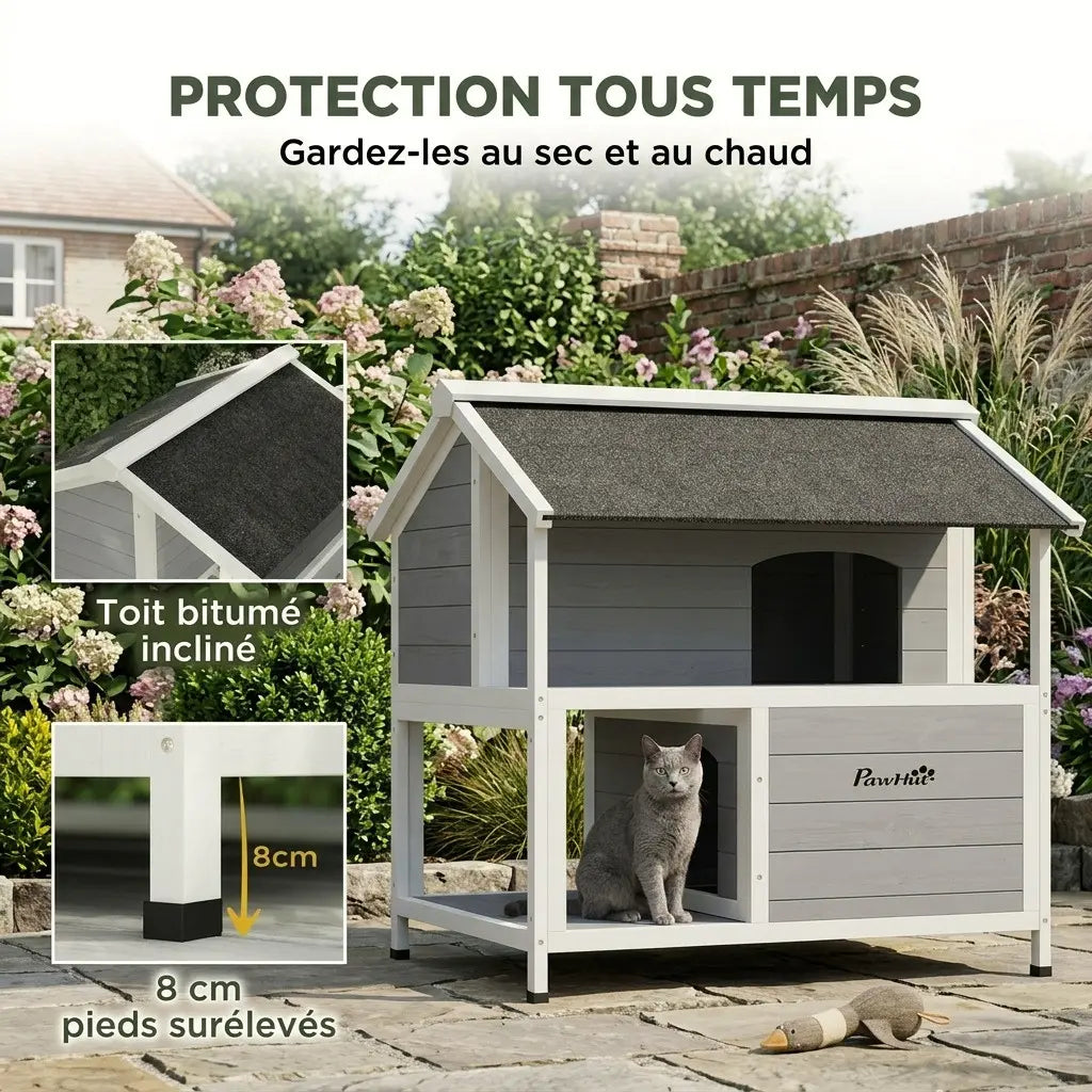 Niche pour chat extérieur en bois avec toit incliné et pieds surélevés pour garder le chat au sec et au chaud.