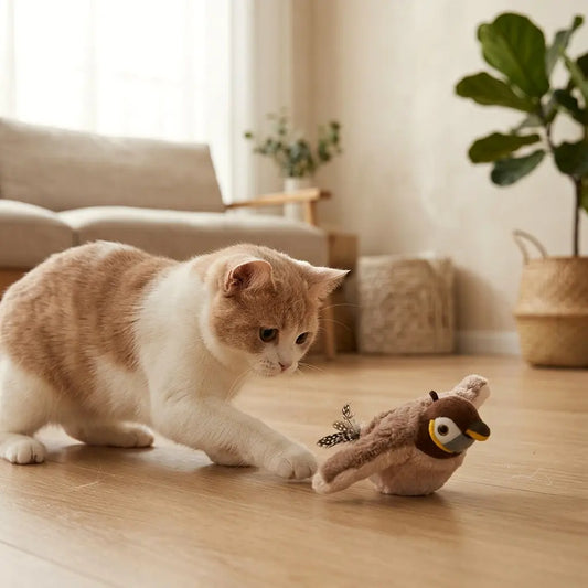 chat jouant avec un oiseau pour chat interactif posé au sol