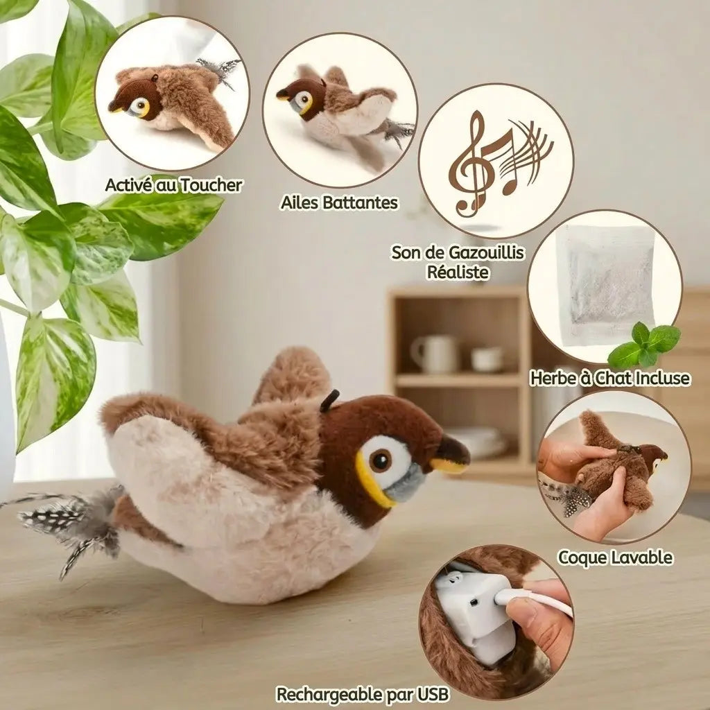 oiseau pour chat interactif avec ailes battantes son réaliste et recharge usb