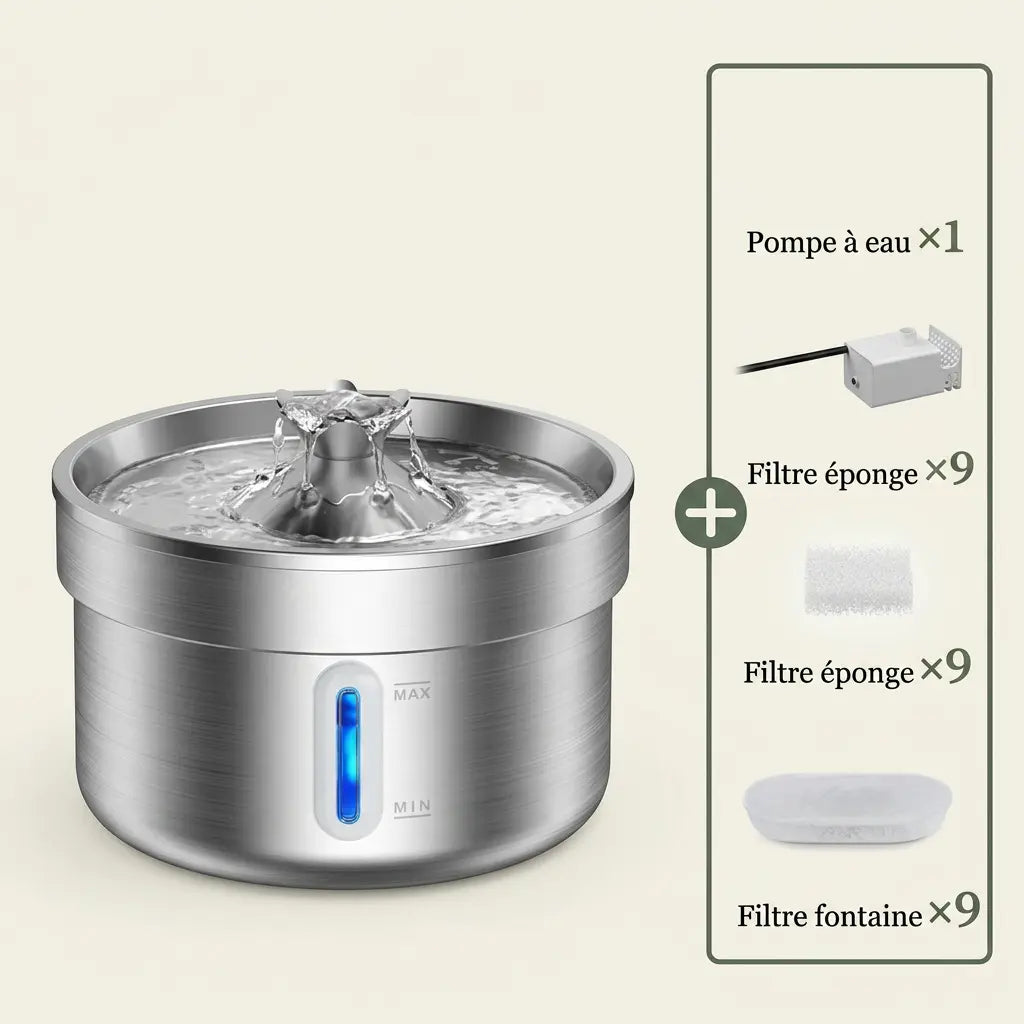 Pack de remplacement pour fontaine à eau inox 2L comprenant une pompe et plusieurs filtres éponge et filtres à charbon