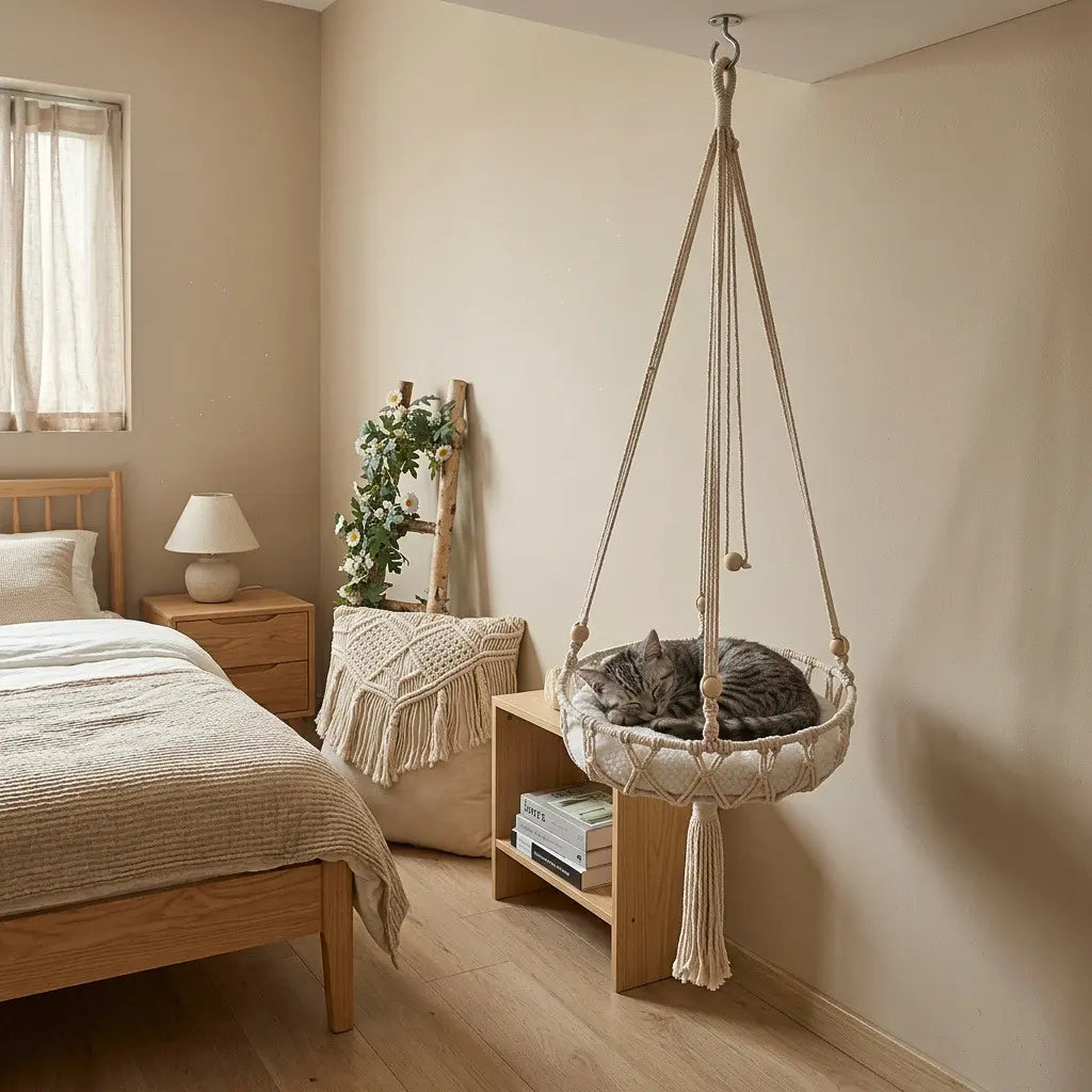 panier pour chat suspendu installe dans une chambre pour offrir un espace cosy et apaisant au chat
