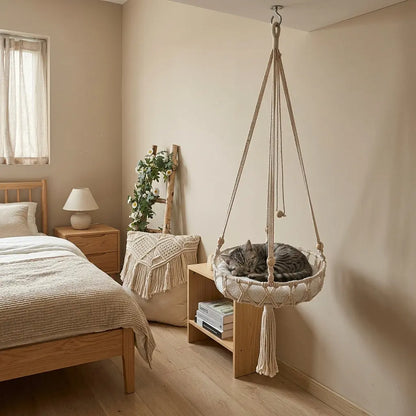 panier pour chat suspendu installe dans une chambre pour offrir un espace cosy et apaisant au chat