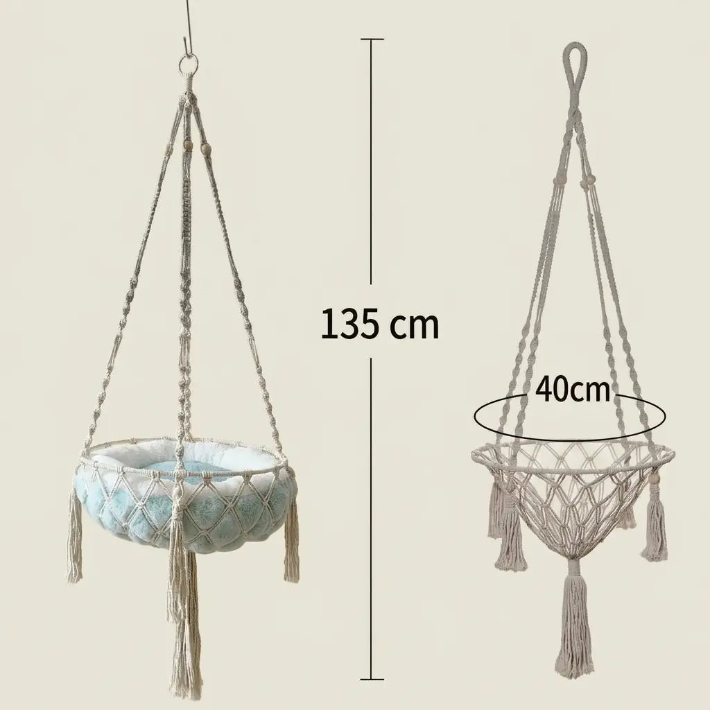 Dimensions du panier pour chat suspendu en macramé avec coussin moelleux et structure suspendue adaptée aux chats.