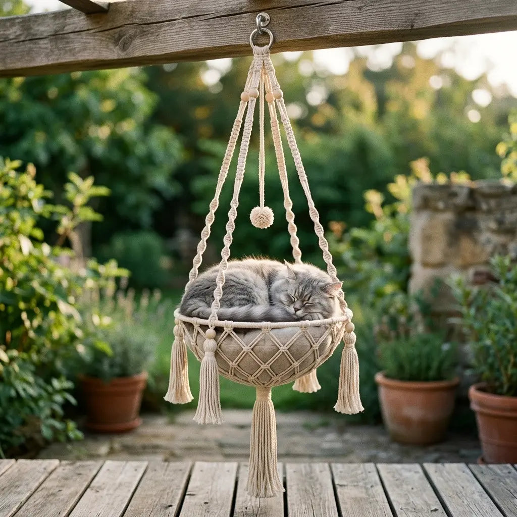 panier pour chat suspendu utilise en exterieur dans un jardin pour offrir un espace repos en hauteur