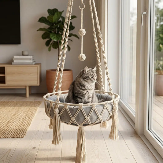 panier pour chat suspendu interieur avec design moderne et coussin confortable pour un coin repos elegant