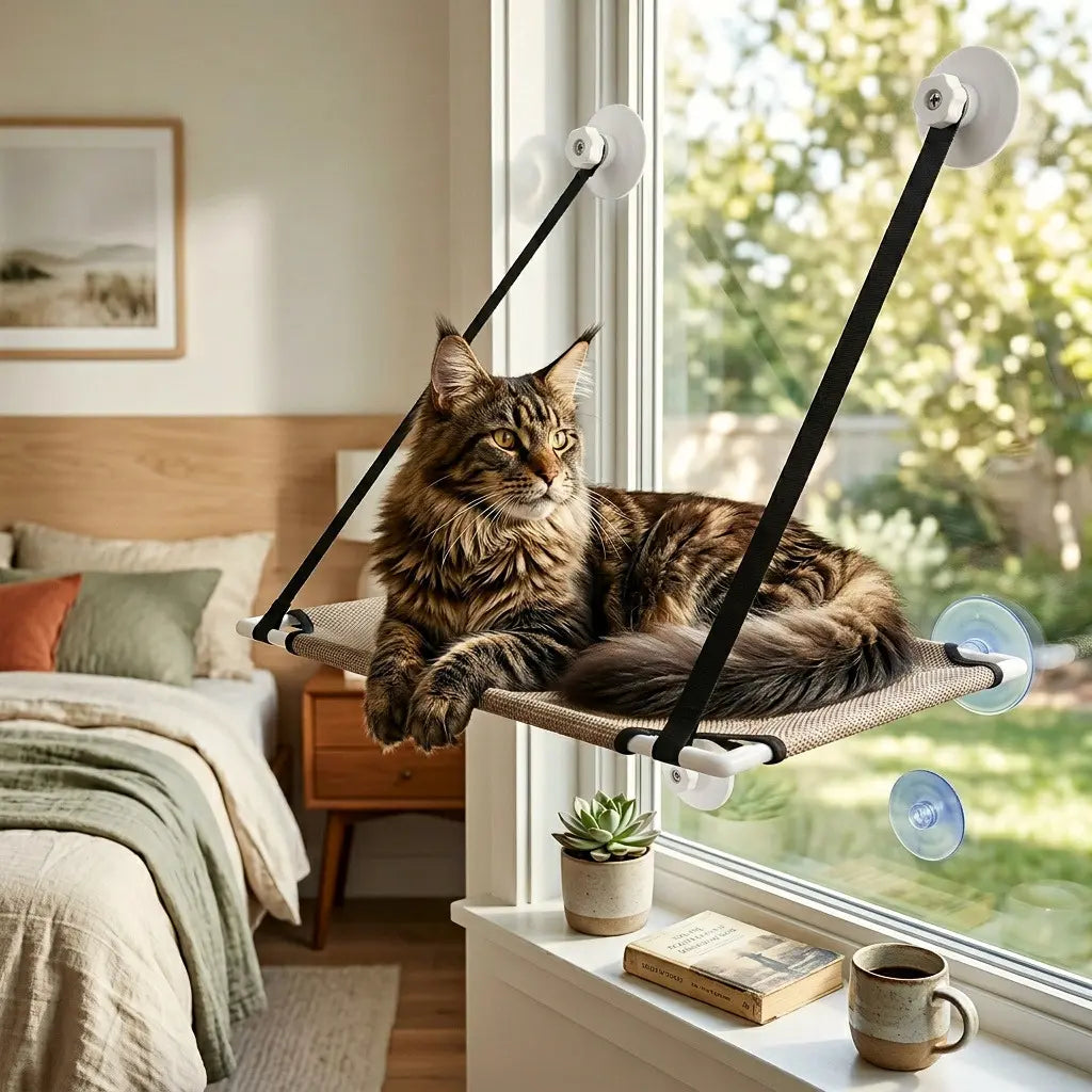 perchoir chat fenetre avec chat allongé sur hamac suspendu fixation ventouse