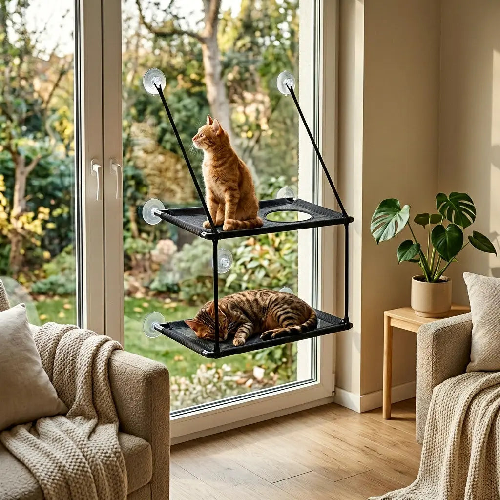 perchoir chat fenetre double etage avec chats installés sur plateforme confortable