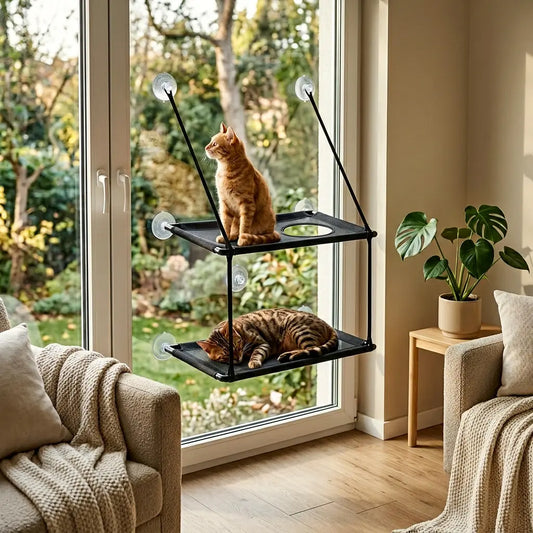 perchoir chat fenetre double etage avec chats installés sur plateforme confortable