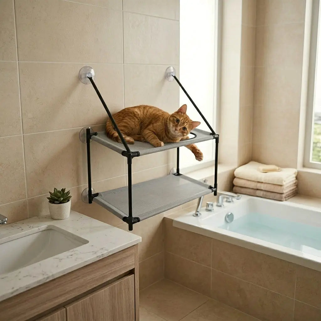 perchoir chat fenetre double etage avec chat installe dans salle de bain fixation ventouse