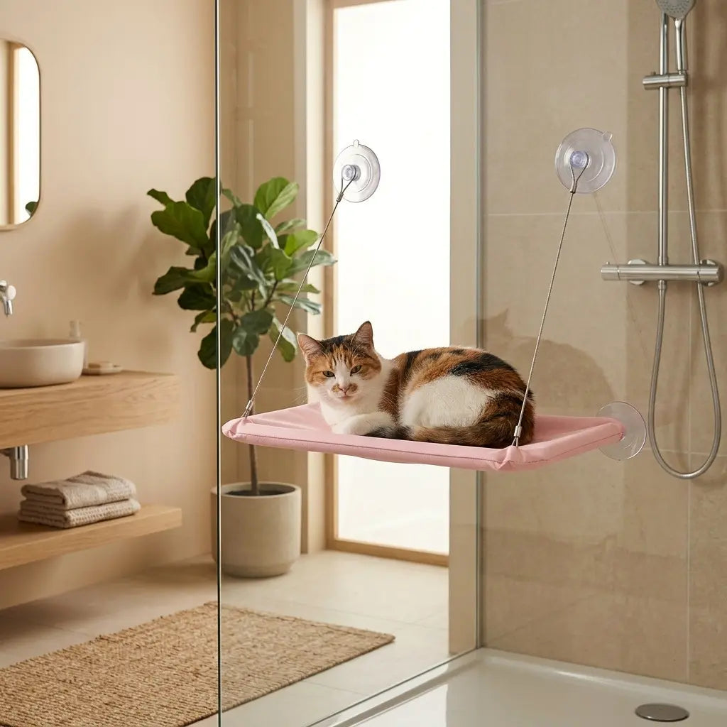 perchoir fenetre pour chat rose installation vitre salle de bain ventouse resistante