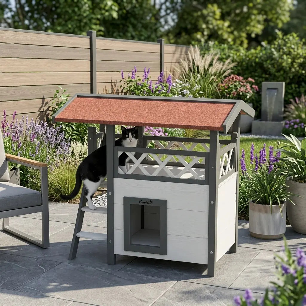 Petite niche extérieure en bois avec plateforme surélevée offrant un espace confortable et élégant pour le chat.