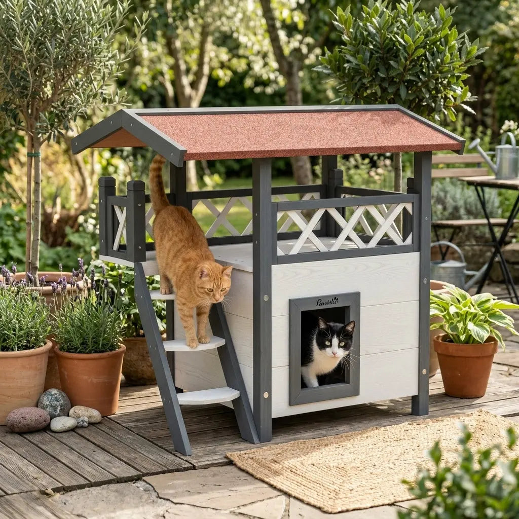 Petite niche extérieure en bois avec escalier et balcon pour créer un espace de repos ludique et confortable.