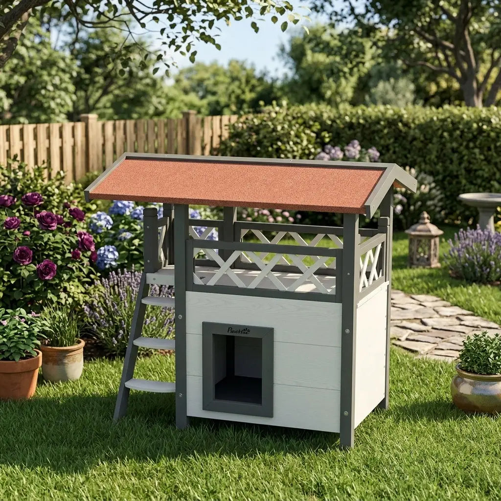 Petite niche extérieure en bois installée dans un jardin pour offrir au chat un refuge calme et harmonieux.
