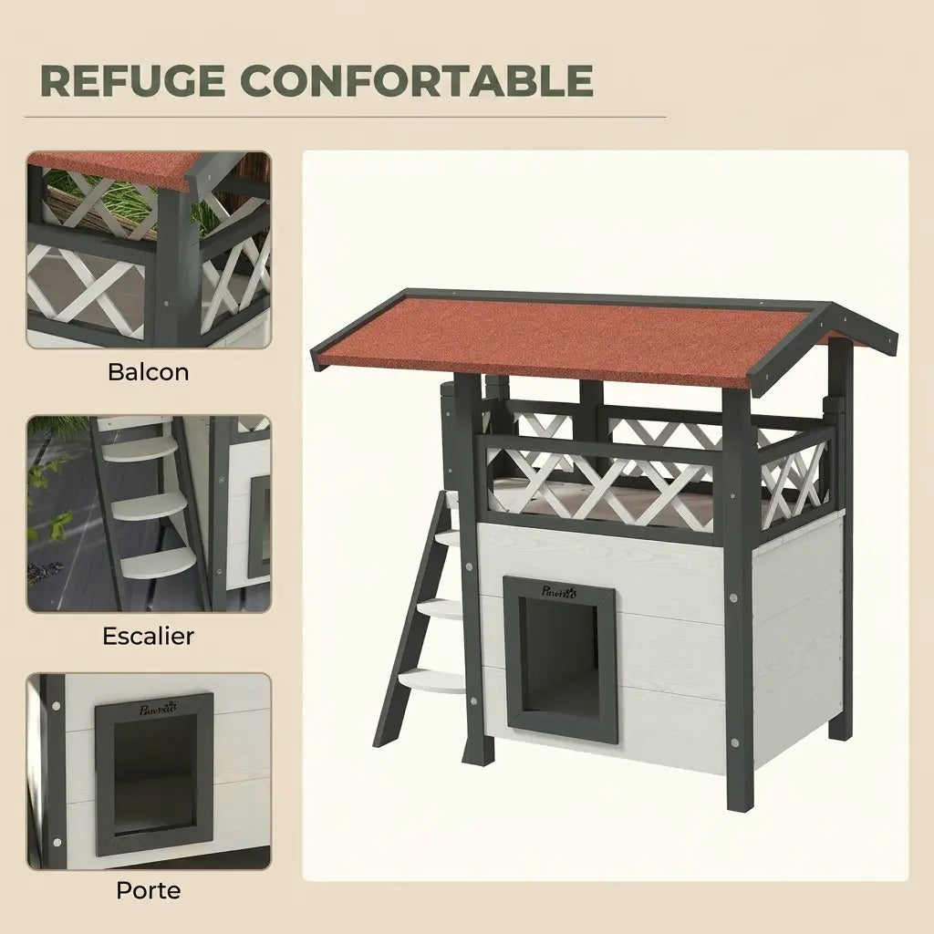 Petite niche extérieure en bois avec balcon et escalier offrant un refuge confortable et sécurisé pour le chat.