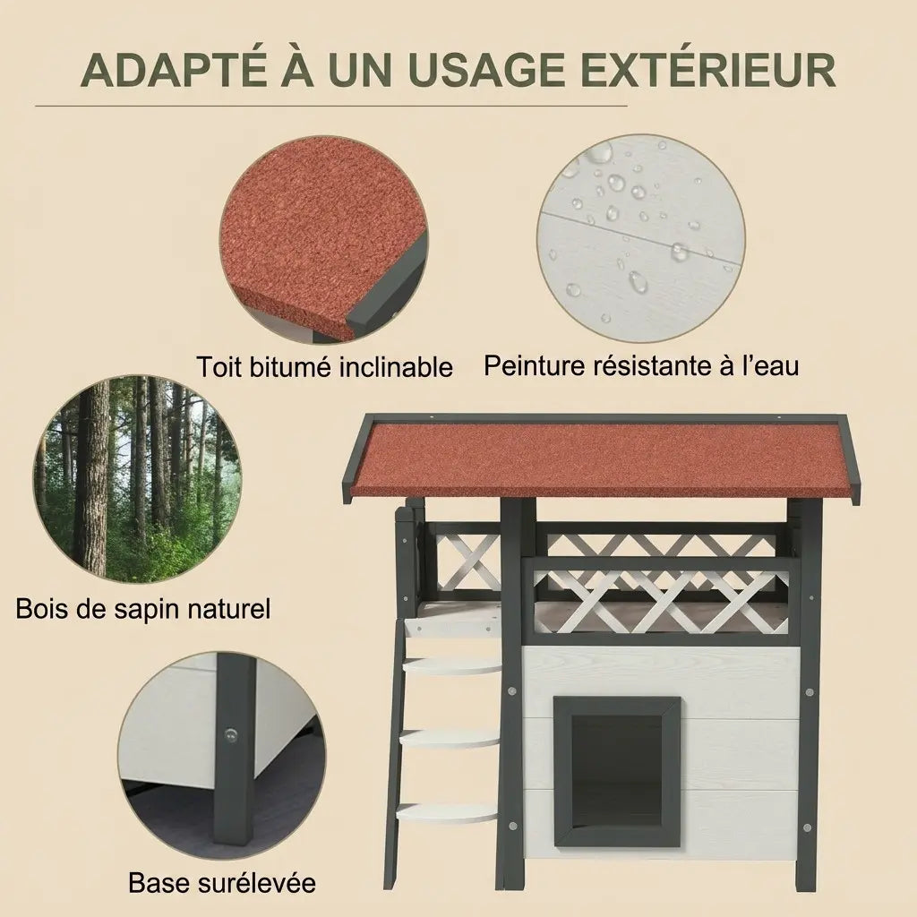 Petite niche extérieure en bois avec toit incliné et matériaux résistants à l’eau pour protéger le chat dehors.
