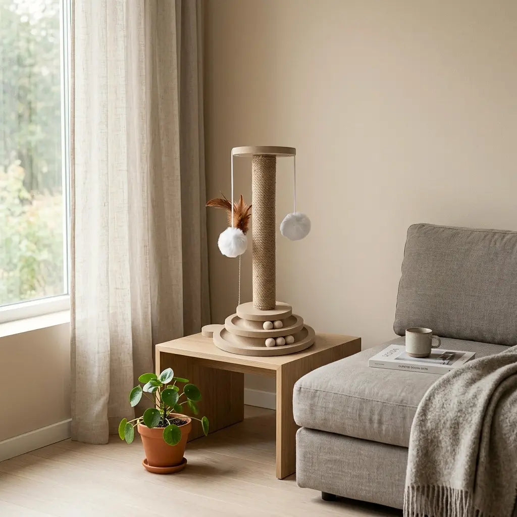 poteau griffoir pour chat avec jouets design salon minimaliste deco moderne
