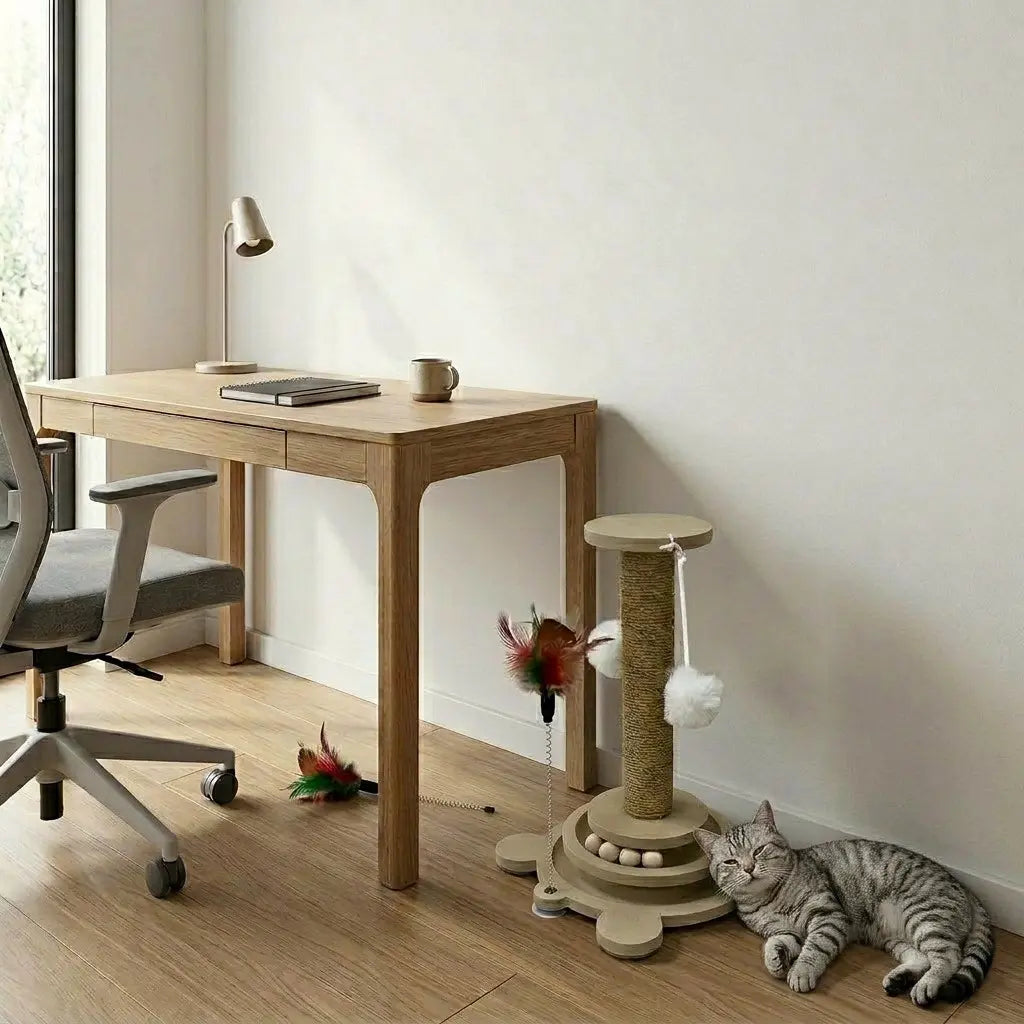 poteau griffoir pour chat avec jouets design dans bureau moderne avec chat allonge