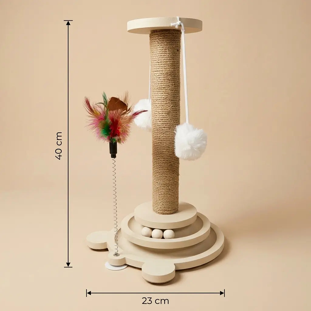 poteau griffoir pour chat avec jouets dimensions hauteur 40 cm base 23 cm