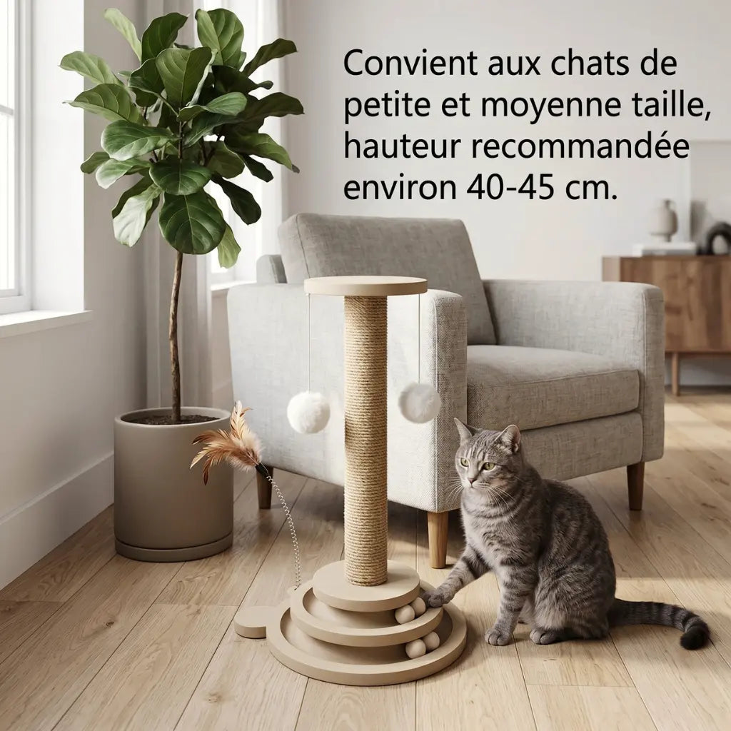 poteau griffoir pour chat avec jouets petite et moyenne taille hauteur recommandee