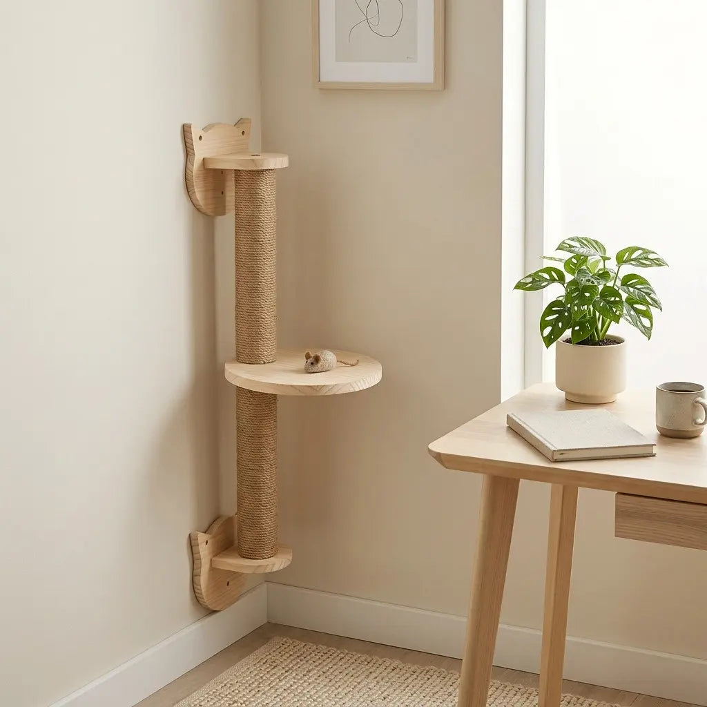 poteau griffoir pour chat mural en angle avec plateforme en bois design