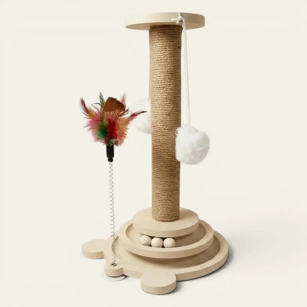 Poteau griffoir pour chat avec jouets suspendus et piste à balles interactive