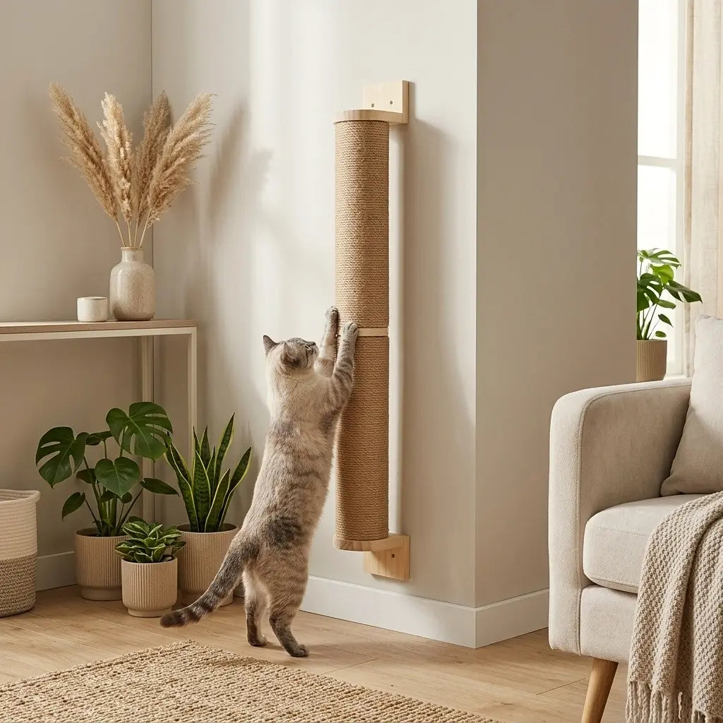 poteau griffoir pour chat mural grande hauteur avec chat en train de griffer
