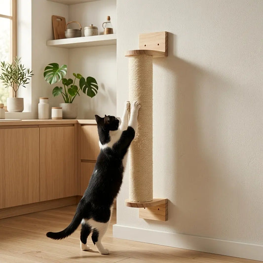 poteau griffoir pour chat mural avec chat debout en train de faire ses griffes