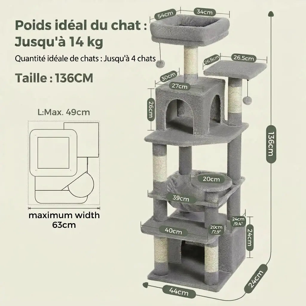 Solde arbre à chat de 136 cm avec plateforme panoramique, niche confortable et structure adaptée jusqu’à quatre chats