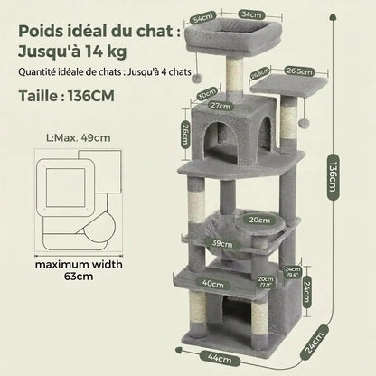 Solde arbre à chat de 136 cm avec plateforme panoramique, niche confortable et structure adaptée jusqu’à quatre chats
