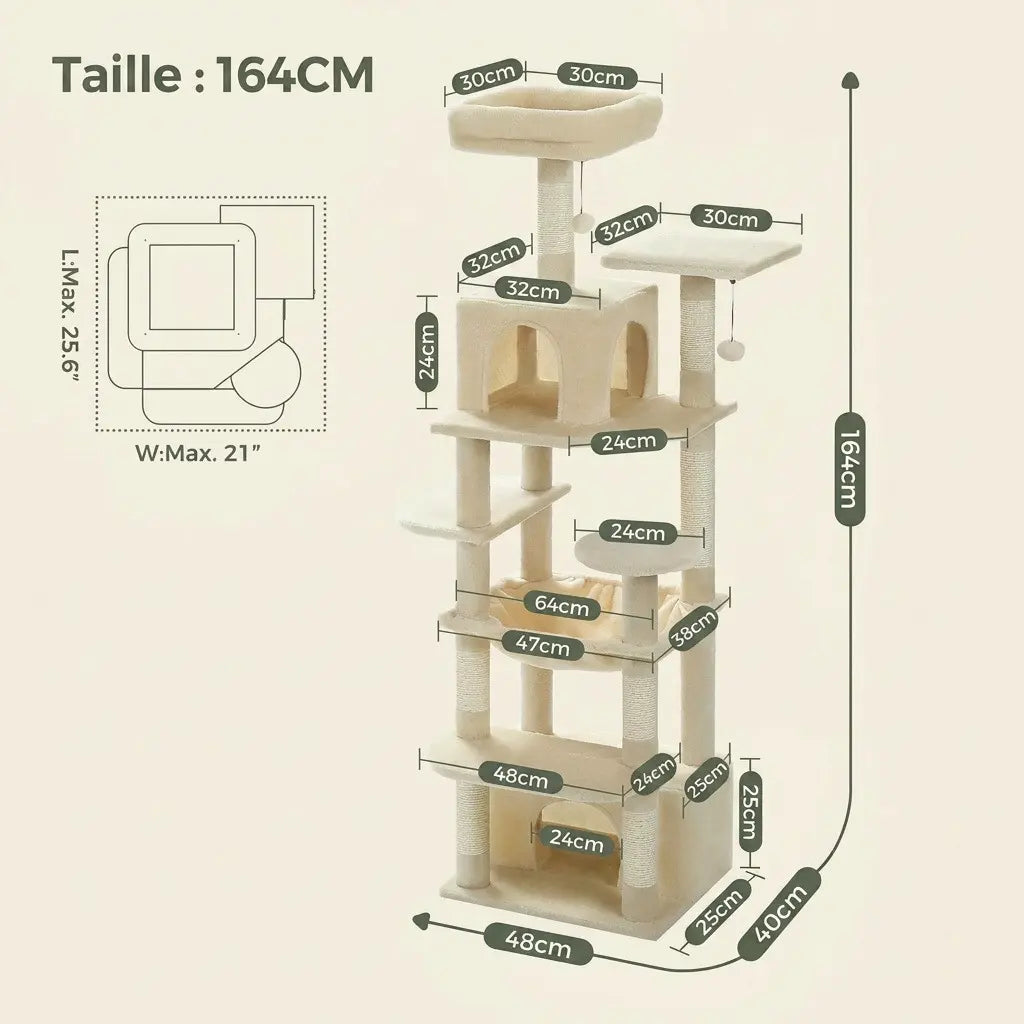 Solde arbre à chat de 164 cm avec dimensions détaillées, plateformes surélevées, hamac et niche de repos