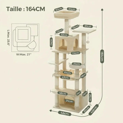 Solde arbre à chat de 164 cm avec dimensions détaillées, plateformes surélevées, hamac et niche de repos