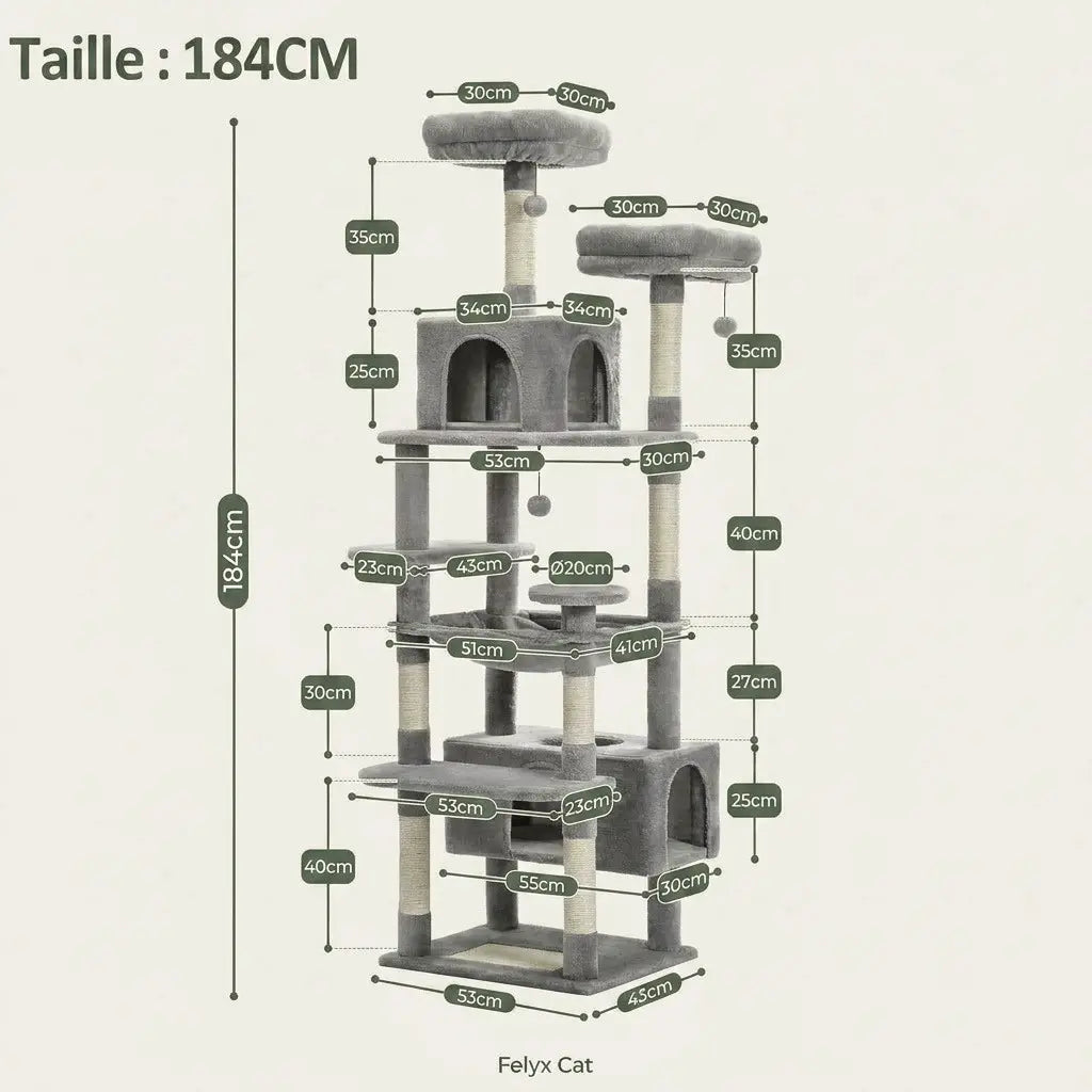 Solde arbre à chat 184 cm avec dimensions détaillées, hamac central, doubles niches et plateformes panoramiques