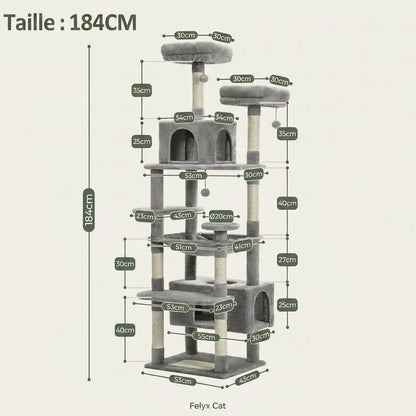 Solde arbre à chat 184 cm avec dimensions détaillées, hamac central, doubles niches et plateformes panoramiques