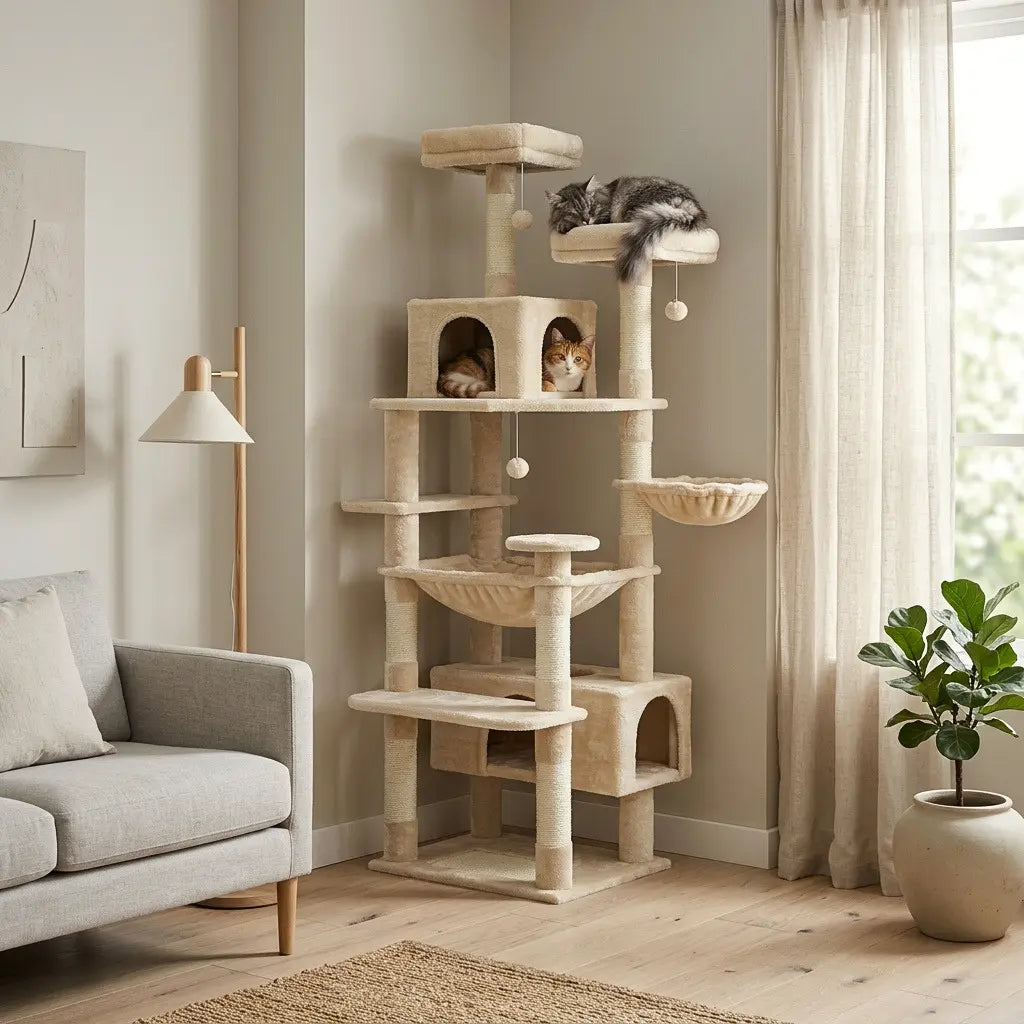 Solde arbre à chat beige avec hamac confortable, plateformes d’observation et espaces de repos pour plusieurs chats