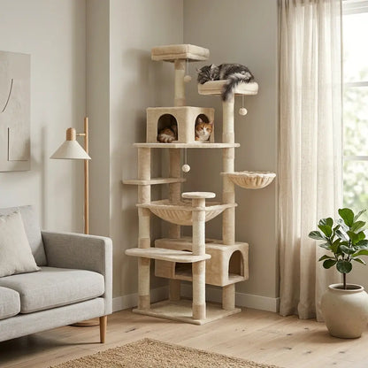 Solde arbre à chat beige avec hamac confortable, plateformes d’observation et espaces de repos pour plusieurs chats