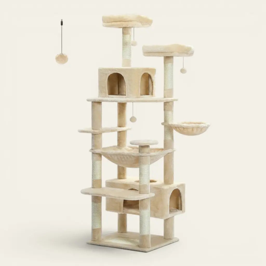 Solde arbre à chat beige XXL avec hamac suspendu, niches multiples et perchoirs en hauteur