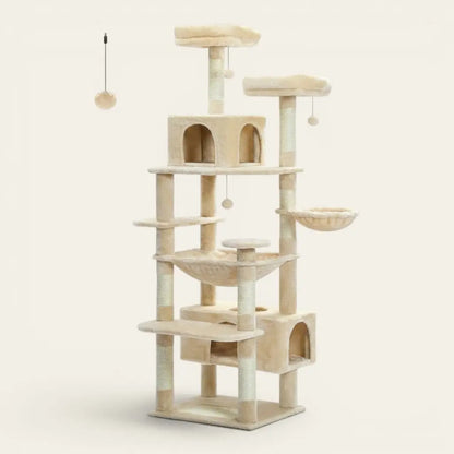 Solde arbre à chat beige XXL avec hamac suspendu, niches multiples et perchoirs en hauteur