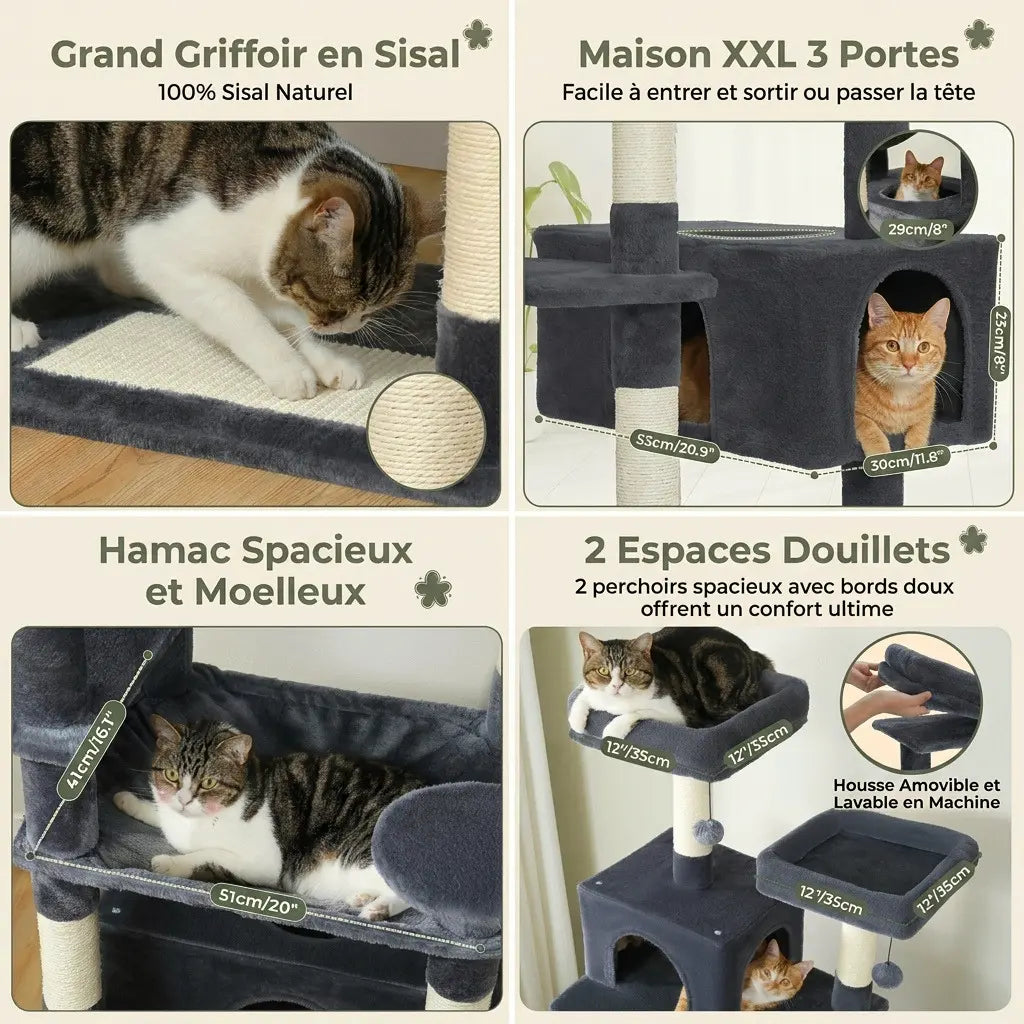 Solde arbre à chat XXL avec griffoir en sisal naturel, hamac spacieux, maison trois portes et plateformes confortables