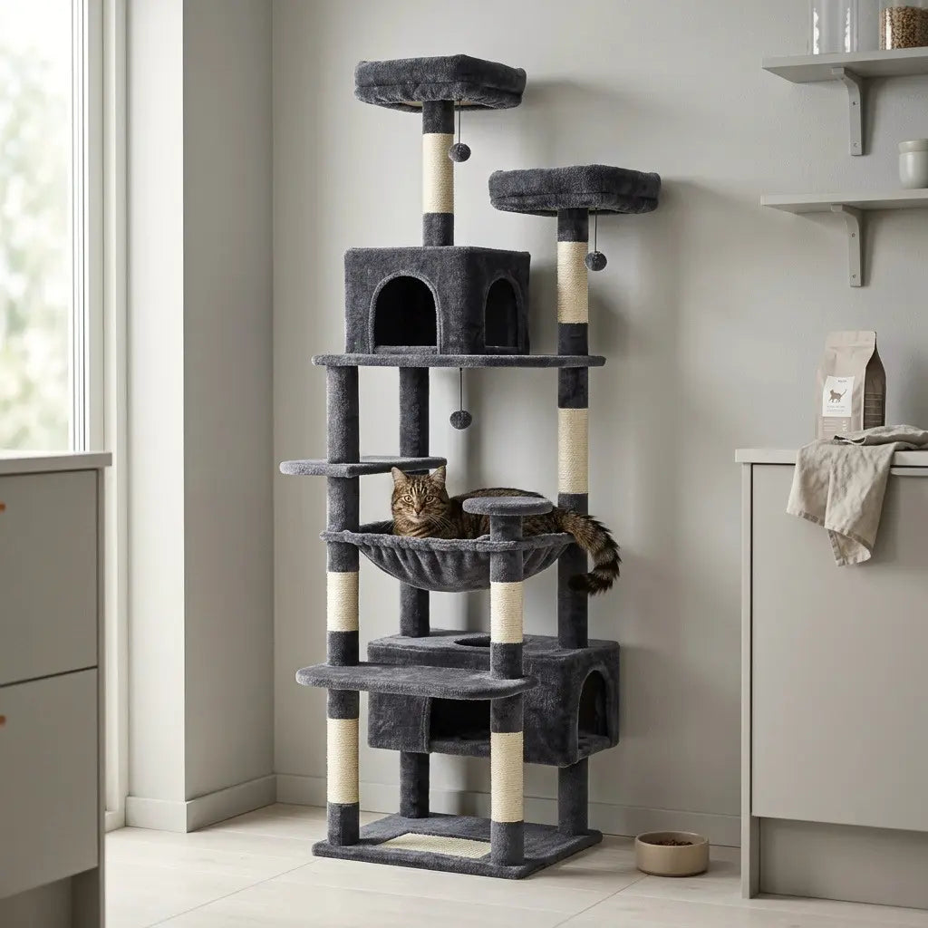 Solde arbre à chat gris multi niveaux avec hamac central, doubles niches et perchoirs en hauteur