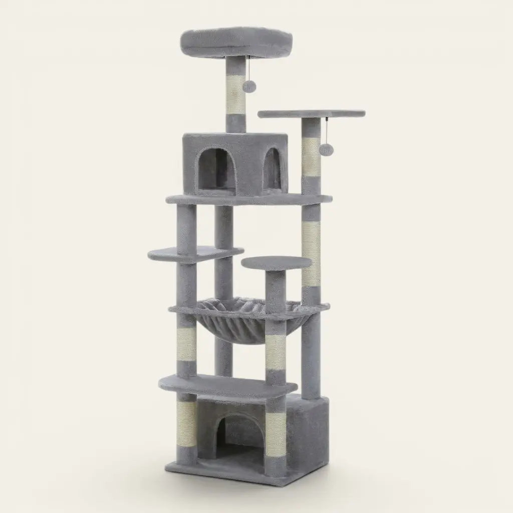 Solde arbre à chat gris XXL avec hamac confortable, plateformes robustes et espaces de repos en hauteur