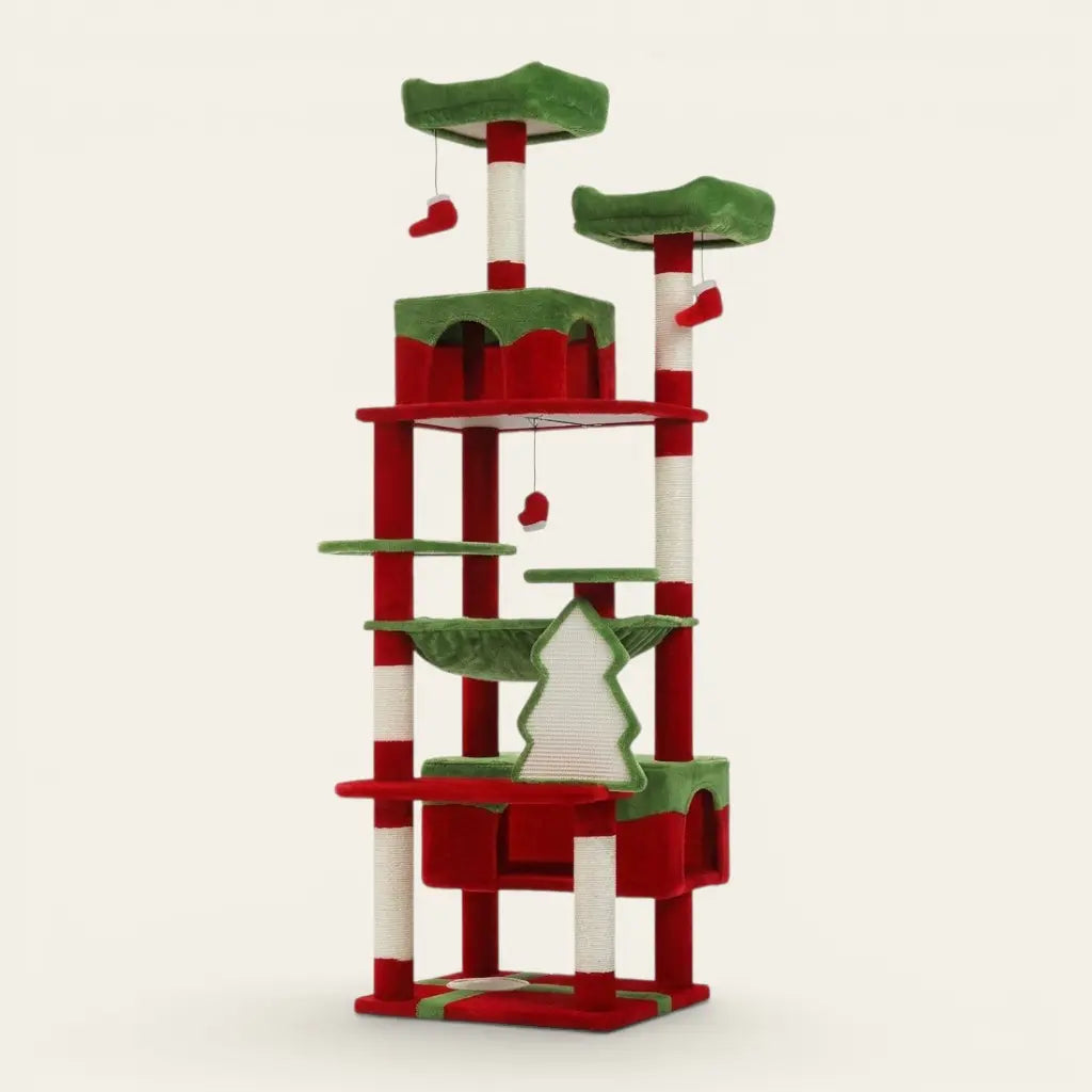 Solde arbre à chat thème Noël avec plateformes festives, hamac confortable, niches et griffoirs en sisal