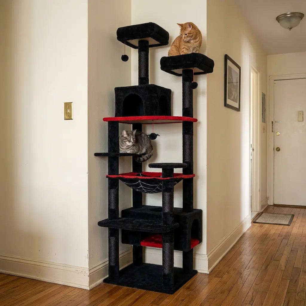 Solde arbre à chat noir et rouge avec niches, hamac suspendu et plateformes panoramiques pour plusieurs chats